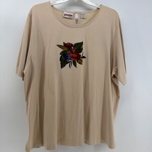 Kaktus T-Shirt Women 3X Beige Floral Beaded Cotton Short Sleeve Keyhole VTG Boho